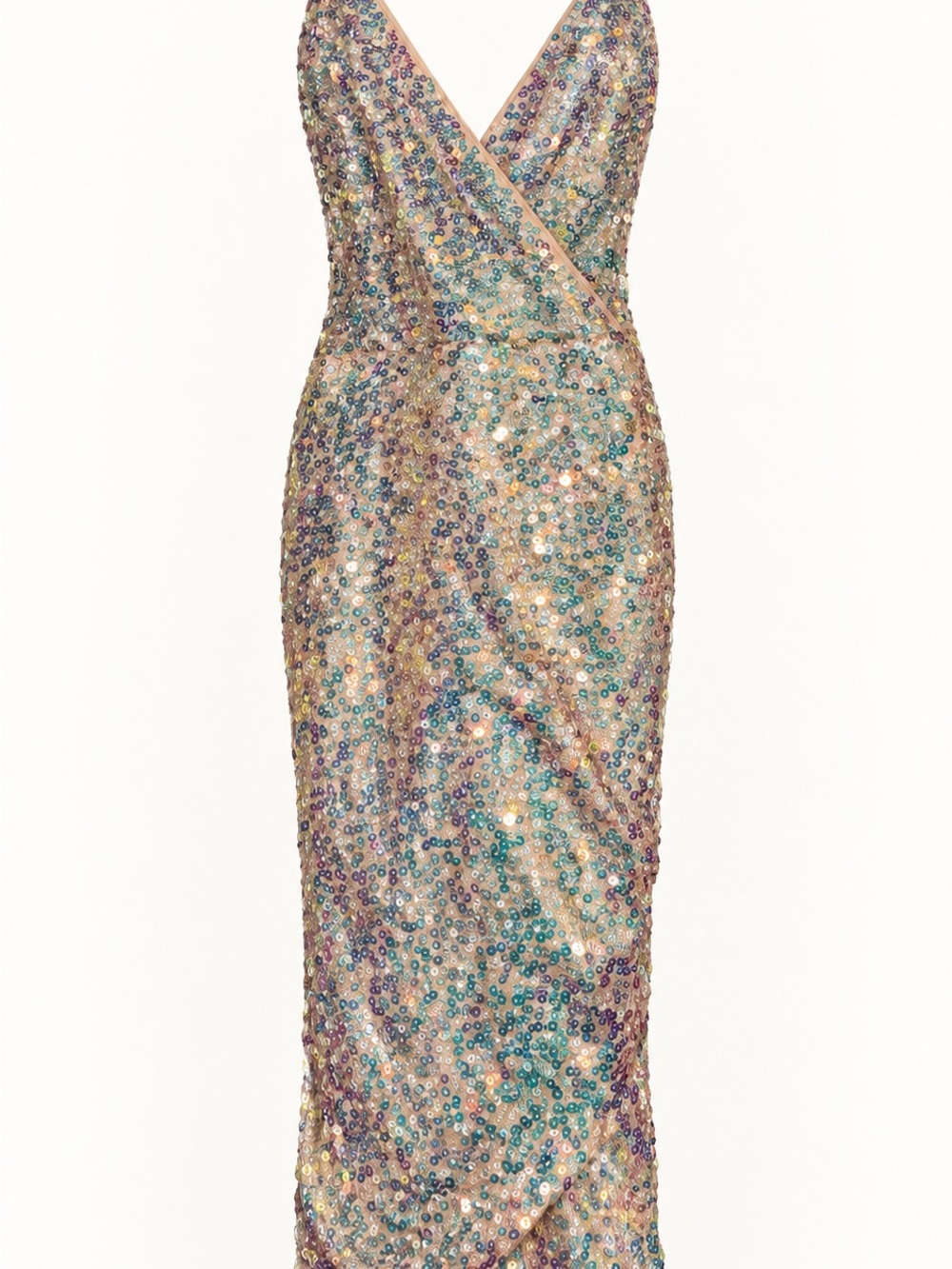 Iridescent Multi Sequin Wrap V-Neck Prom Dress